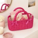 Alilang Quilted Gingham Storage Caddy with Handles Bow Accent for Makeup Vanity Dorm Bathroom Organizer - Pink - Image 3