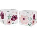 Sweet Jojo Designs Fabric Storage Bins Set Watercolor Floral Pink White and Green