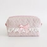 Alilang Womens Gingham Quilted Cosmetic Bag with Lace Bow Detail - Pink