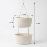 Alilang 2 Tier Hanging Storage Basket Cotton Rope Wall Organizer Modern Neutral Storage, White - Image 3