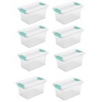 Sterilite Medium Clip Box, Stackable Small Storage Bin with Latching Lid, Plastic Container to Organize Office, Crafts, Clear Base and Lid, 8-Pack