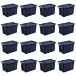 Sterilite Tuff1 30 Gal Plastic Storage Tote Bin w/Latching Lid, Blue (16 Pack)