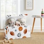 Sweet Jojo Designs Boy Fabric Storage Toy Bin Watercolor Sports Theme Blue Brown and Orange - Image 3