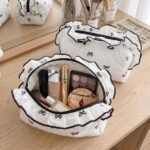 Alilang Womens Quilted Bow Print Cosmetic Bag with Ruffle Trim - Black - Image 3