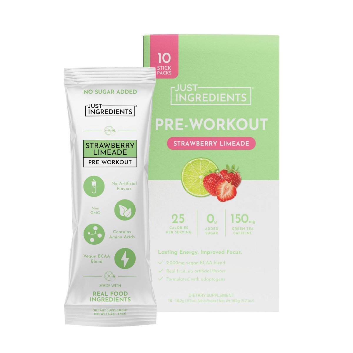 GUEST_176be1df-03ee-46b9-8e3a-fbe4cc230a75.jpg Just Ingredients Pre-Workout Sports Drink Powder Packet - Strawberry Limeade - 5.71oz/10ct: Caffeinated, Mix - Image 1