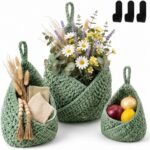 Alilang Woven Cotton Rope Hanging Basket Set Wall Storage Organizer with Hooks - Green, Small