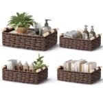 Wicker Storage Basket Set of 4 Handwoven Decorative Baskets with Handles Multi-Size Paper Rope Organizer for Bathroom Countertop Shelf