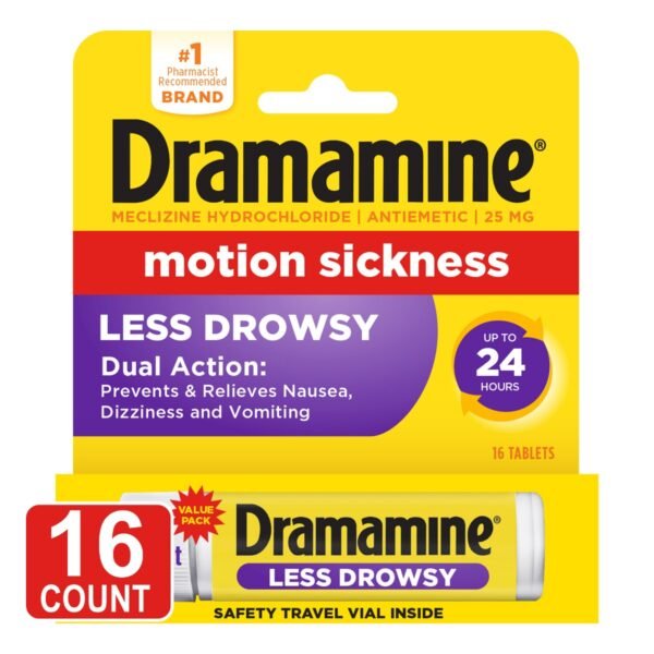 Dramamine All Day Less Drowsy Motion Sickness Relief Tablets for Nausea, Dizziness & Vomiting - 16ct