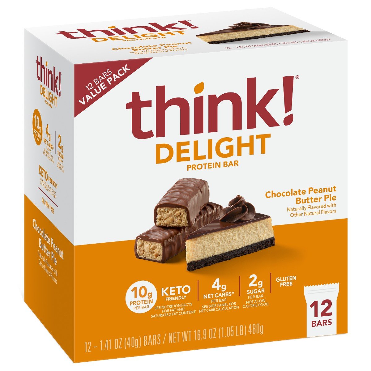 GUEST_21bc5c1b-c955-44fe-bb86-c86b7eebfd93.jpg think! Protein Bars Chocolate Peanut Butter Pie - 10g Protein - 16.9oz/12ct: Keto Certified, Gluten-Free, No Artificial Sweeteners - Image 1