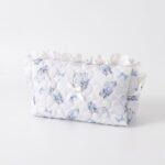 Alilang Womens Quilted Ruffle Makeup Bag with Blue Print Cosmetic Pouch - White