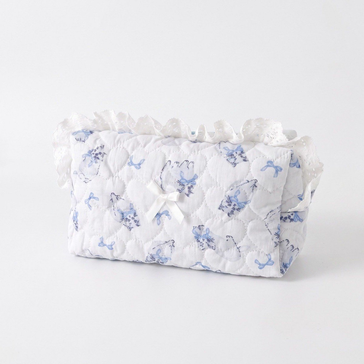 GUEST_2592b3fe-f434-4f88-a5d2-8cb4e026834a.jpg Alilang Womens Quilted Ruffle Makeup Bag with Blue Print Cosmetic Pouch - White - Image 1
