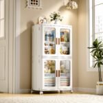 VECELO 41.7" Stackable Storage Bins with Lid and Lockable Wheels, PP Storage Cabinet Home Organizer with Adjustable Shelves, White