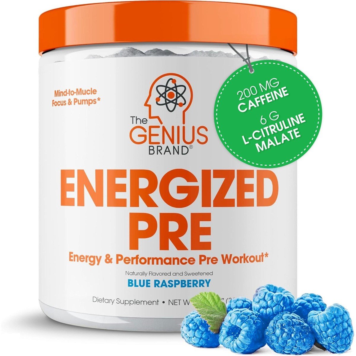 GUEST_287973eb-d592-4529-8775-c24a20a4fc68.jpg The Genius Brand Energized Pre Workout Powder – Caffeine Infused Booster Supplement, Blue Raspberry - 12.83 Oz, 20 Servings - Image 1