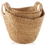Casafield Set of 3 Water Hyacinth Boat Baskets with Handles - Natural, Woven Storage Organizers for Blankets, Laundry, Bathroom, Bedroom, Living Room - Image 3