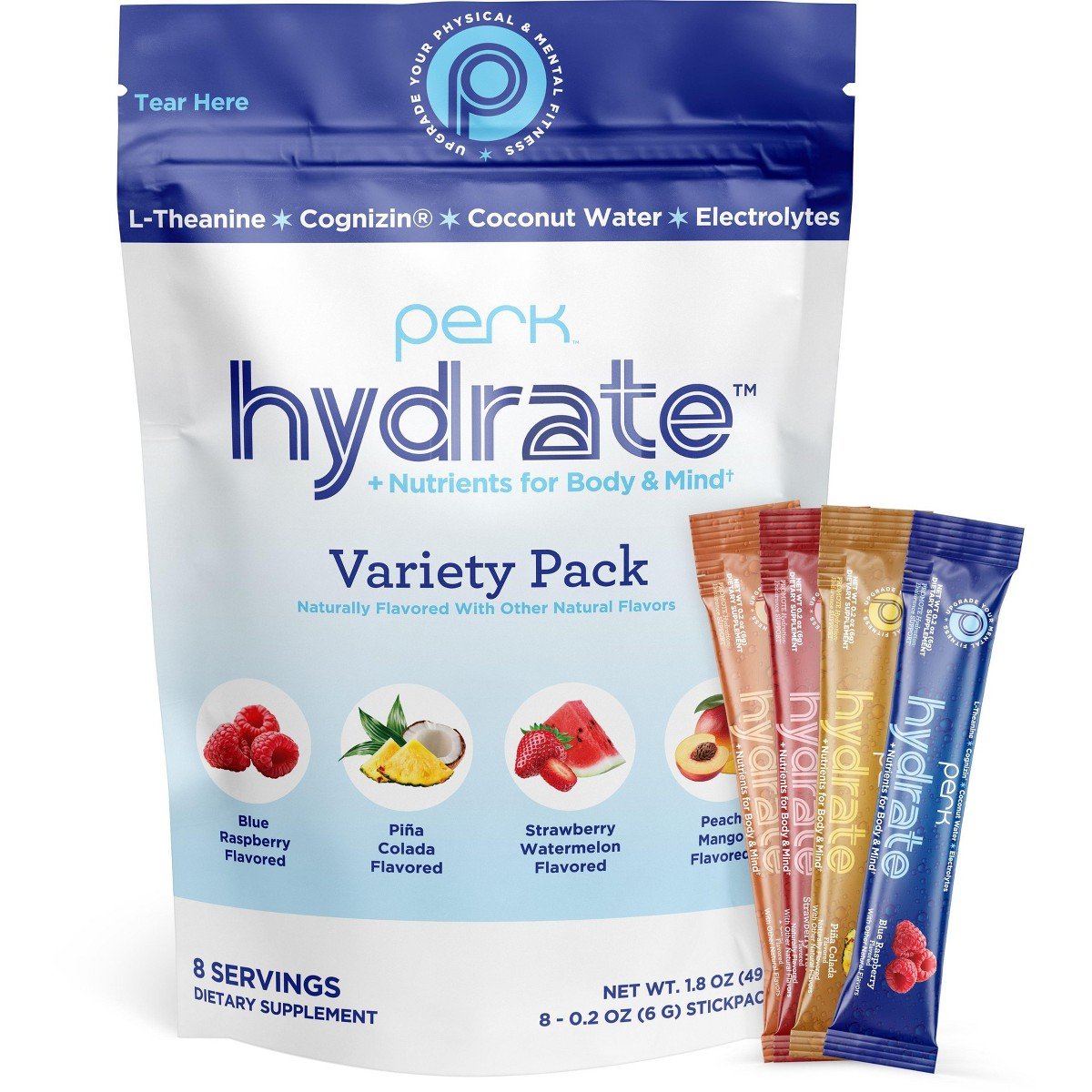 GUEST_2e8a311f-7d4d-4576-90b6-f25c025e4f9e.jpg Perk Hydrate Electrolyte Stickpacks (Variety Pack) 8 Packets - Blue Raspberry, Piña Colada, Strawberry Watermelon, Peach Mango - Zero Sugar - Image 1