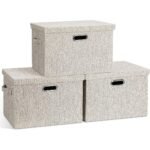 Large 17" 36 Quart Collapsible Stackable Storage Bins with Lids,3 Packs Beige Linen Fabric Closet Boxes with Lids,for Bedroom Office(17 X12 X11)