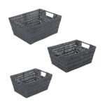 Simplify 3pc Rattan Tote Set with Sterling Silver Handles Charcoal: Decorative Storage Bins, No Assembly, Gray, 1084 Volume