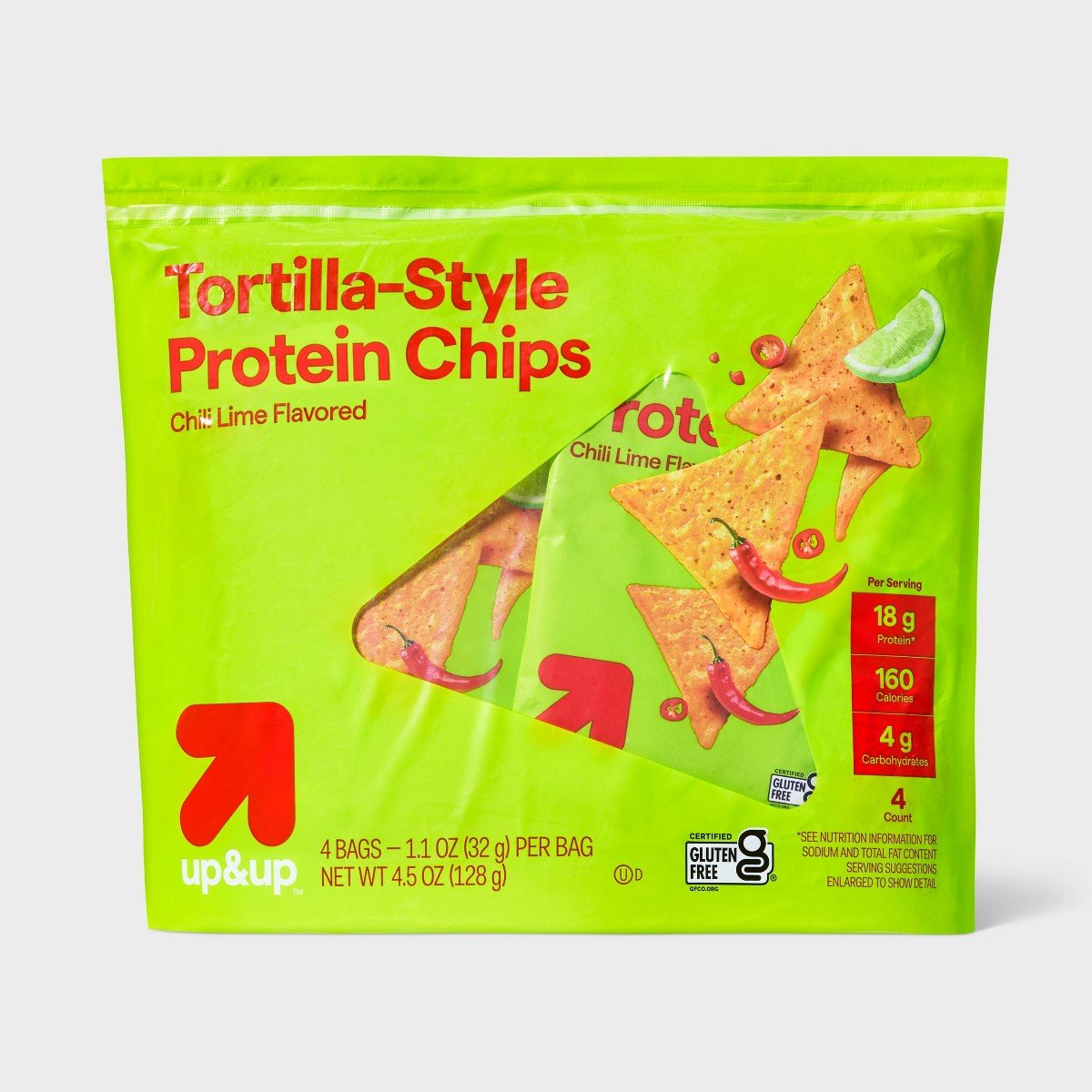 GUEST_3601f7d6-9c75-4a1b-b130-48117aec58f8.jpg Tortilla Style Protein Chips - Chili Lime - 4.5oz/4pk - up&up™ - Image 1
