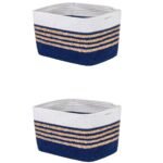 REGALWOVEN 2 Pack Woven Storage Basket, Shelf Closet Storage Bin for Blankets, Shoes, with Hidden Handles for Home Blue White 15*9.8*9.1in
