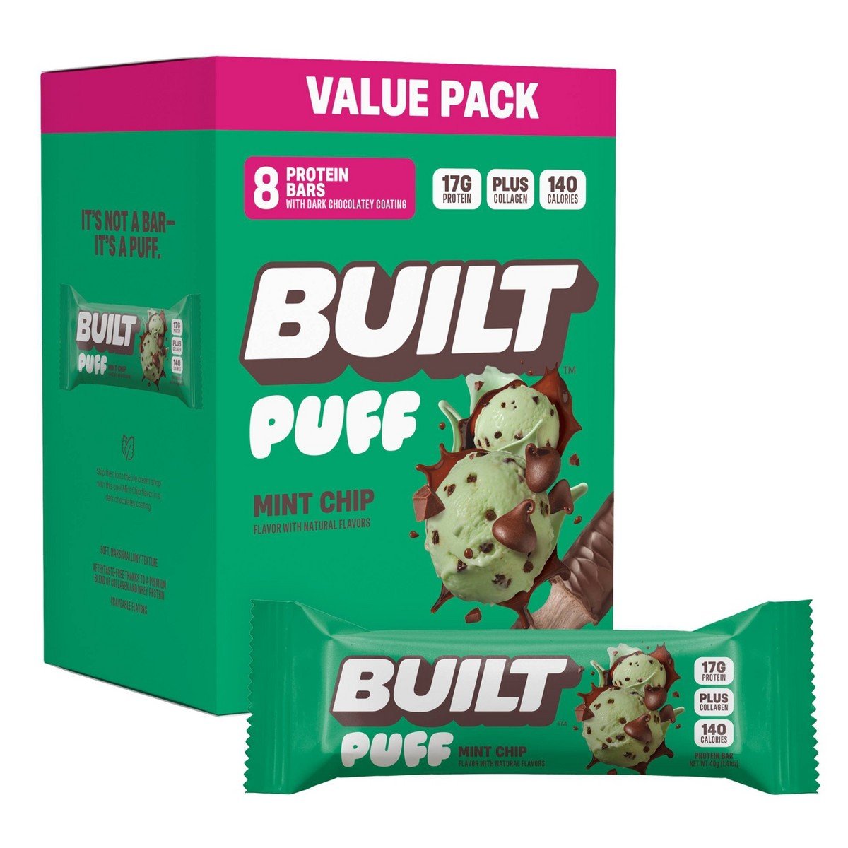 GUEST_3b304e6e-74e2-4a3b-a44d-edf857ab3da4.jpg Built Bar Puff Mint Chip Protein Bars - 17g Protein - 1.41oz/8ct - Image 1