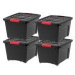 IRIS 32 Qt Stackable Plastic Storage Bins with Lids- Garage- Black, 4Pk