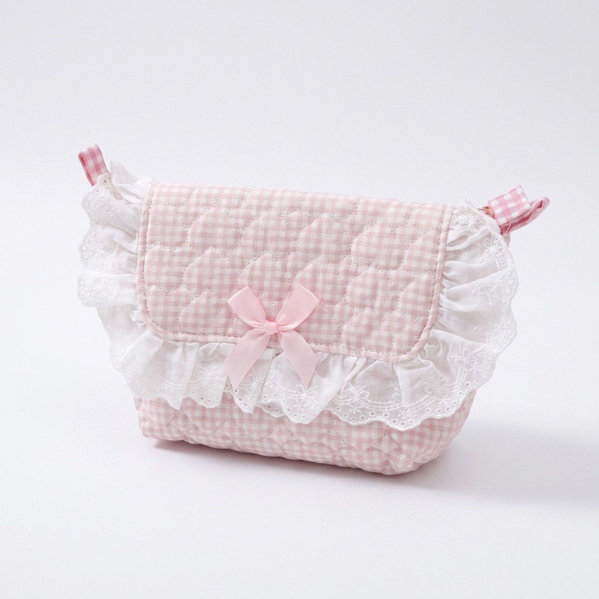 GUEST_40f063ae-2b22-4b02-ae70-85358c7fd8af.jpg Alilang Womens Quilted Gingham Makeup Bag with Shoulder Strap Lace Ruffle Bow - Pink - Image 1
