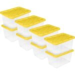 Sterilite 27 Gallon Industrial Box, 8 Pack, Heavy Duty Clear Plastic Storage Bins with Yellow Lids, Stackable Utility Containers