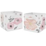 Sweet Jojo Designs Fabric Storage Bins Set Floral Watercolor Pink Grey and White