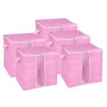 Unique Bargains Under Bed Storage Foldable Clothes Bags Storage Bins Pink 5 Pcs