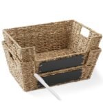 Casafield (Set of 2) Water Hyacinth Pantry Baskets with Handles and Chalkboard Labels - Espresso, Wide Woven Storage Baskets for Kitchen Shelves - Image 7