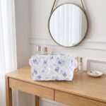Alilang Womens Quilted Ruffle Makeup Bag with Blue Print Cosmetic Pouch - White - Image 3