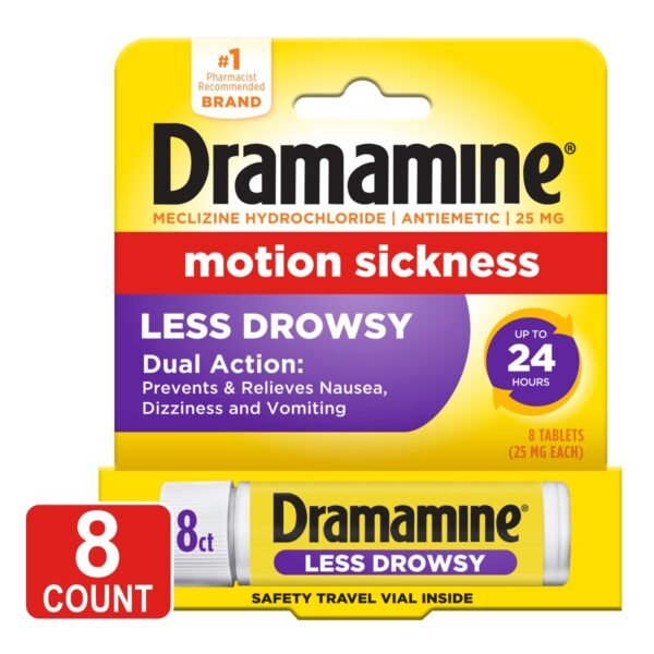 Dramamine All Day Less Drowsy Motion Sickness Relief Tablets for Nausea, Dizziness & Vomiting - 8ct