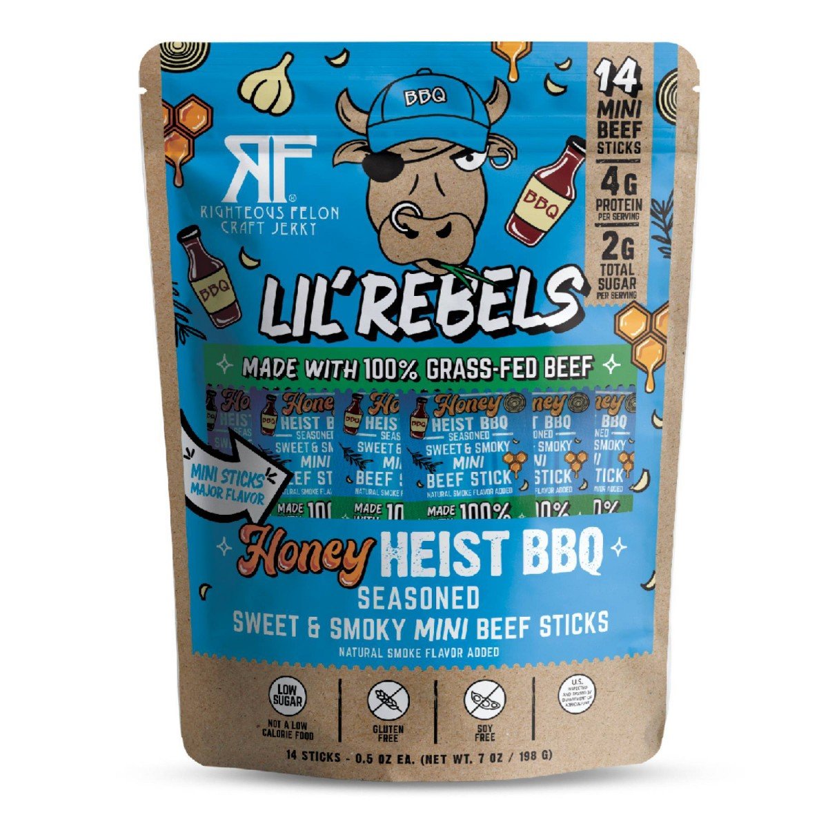 GUEST_4c2bf329-14f0-4455-b123-73db4d4c09a9.jpg Righteous Felon Craft Jerky Lil Rebels Honey Heist BBQ Mini High-Protein Snack Meat Sticks Beef - 7oz/14ct - Image 1