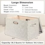 Large 17" 36 Quart Collapsible Stackable Storage Bins with Lids,3 Packs Beige Linen Fabric Closet Boxes with Lids,for Bedroom Office(17 X12 X11) - Image 2