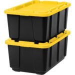 IRIS 27 Gal Heavy Duty Truck Bed Toolbox Storage Tote Bins with Lids, Garage Organization, Black/Yellow, 2Pk