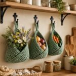 Alilang Woven Cotton Rope Hanging Basket Set Wall Storage Organizer with Hooks - Green, Small - Image 2