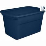 Sterilite 30 Gallon Tote, 18-Pack Stackable Plastic Storage Bins with Snap Lids and In-Molded Handles, Marine Blue for Home Storage
