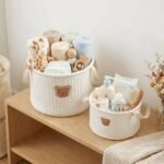 Alilang Soft Fabric Storage Basket with Embroidered Teddy Bear Design and Side Handles 7.8x7.8x6.7in - WhiteB - Image 4