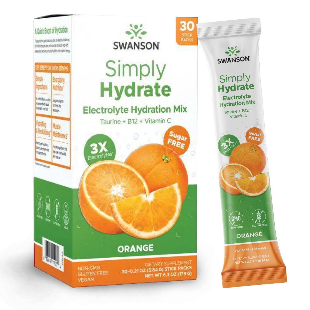 GUEST_5c5403f8-f363-4b57-8509-b8bb9512f027.jpg Swanson Simply Hydrate Electrolyte Hydration Mix - Orange, 30 Stick Packs - Image 1