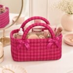 Alilang Quilted Gingham Storage Caddy with Handles Bow Accent for Makeup Vanity Dorm Bathroom Organizer - Pink - Image 2