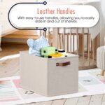 Ornavo Home 6 Pack Linen Fabric Kallax Storage Cube Bin with Faux Leather Handles - 13" 15" x 13" - Beige - Image 4