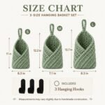 Alilang Woven Cotton Rope Hanging Basket Set Wall Storage Organizer with Hooks - Green, Small - Image 5
