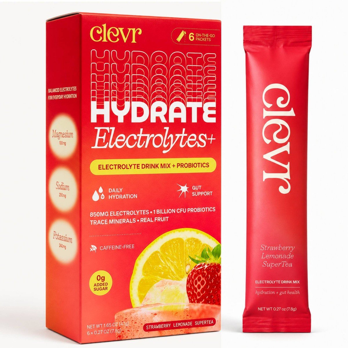 GUEST_6b282fc7-d353-4df1-a29f-933d96a0e8af.jpg Clevr Hydration Electrolyte Mix with Gut Supporting Probiotics - Strawberry Lemonade, Non-Caffeinated- 0.27oz/6ct - Image 1
