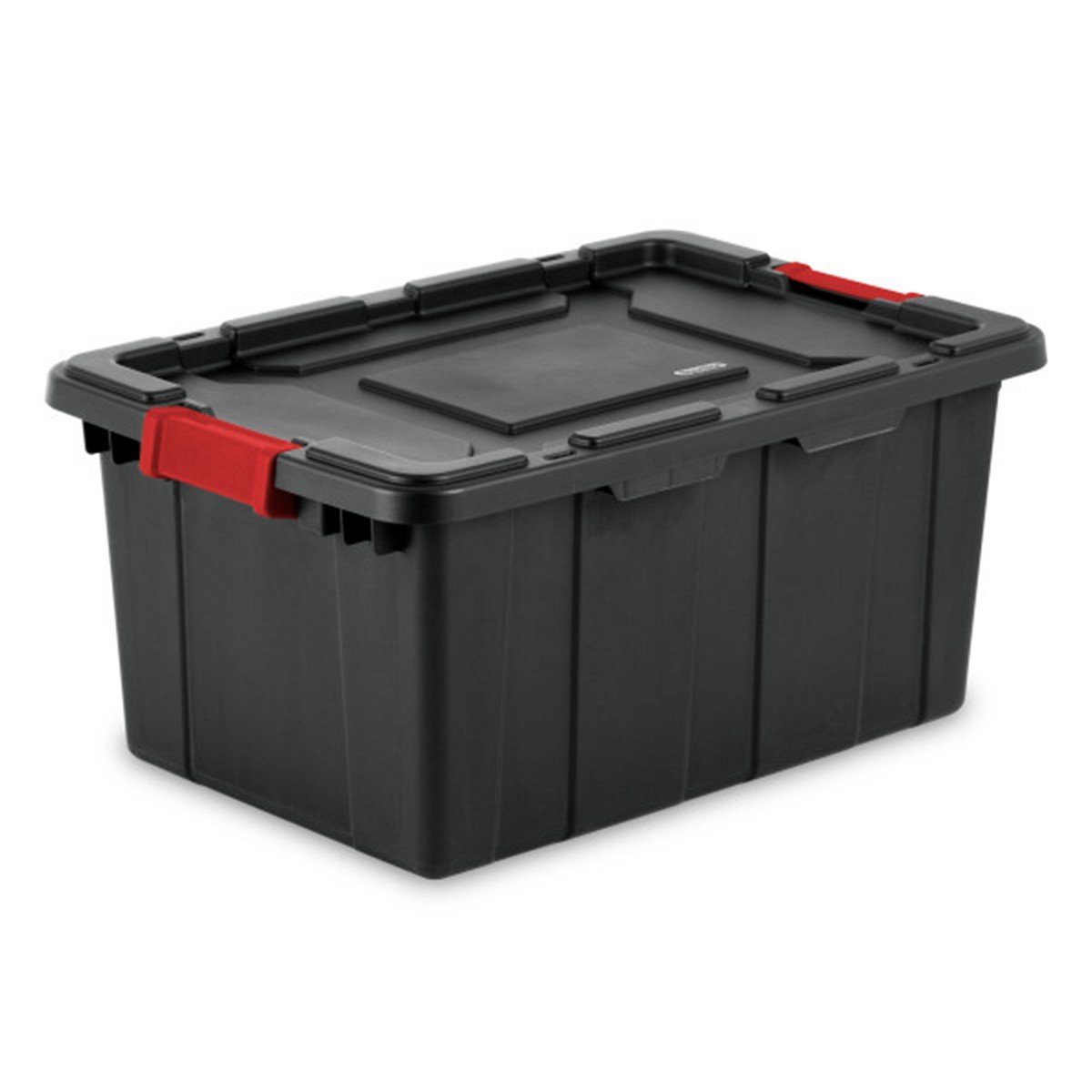 GUEST_70960d60-d284-4a02-9174-3f4f8cd1dfb0.jpg Sterilite 15 Gal Industrial Tote, Stackable Storage Bin with Latching Lid, Plastic Container with Heavy Duty Latches, Black Base and Lid, 18-Pack - Image 1