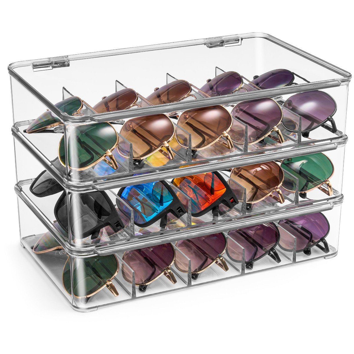 GUEST_77923963-985f-45ba-818c-92e88dbc8616.jpg Sorbus 3 Pack Clear Stackable Plastic Sunglass Holder with Hinged Lid for Eyewear Display Includes 5 Sections - Image 1