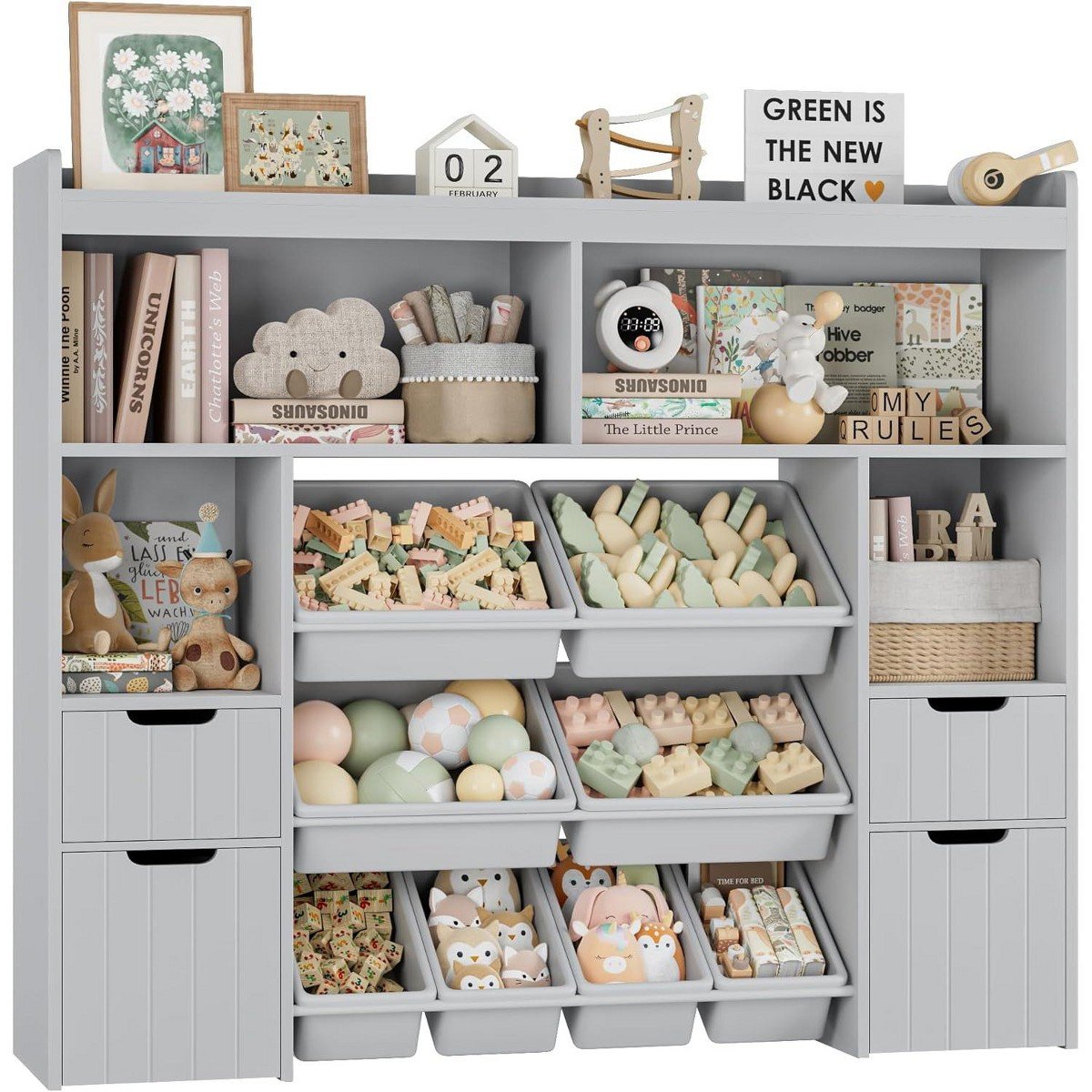 GUEST_7ce3bb71-d8fe-4af9-b0f9-1d8fafde0959.jpg BALHAM TRADE-55" Toy Storage Organizer with Drawers and Removable Bins Ideal for Playroom Grey 11.8"D x 55"W x 46"H - Image 1