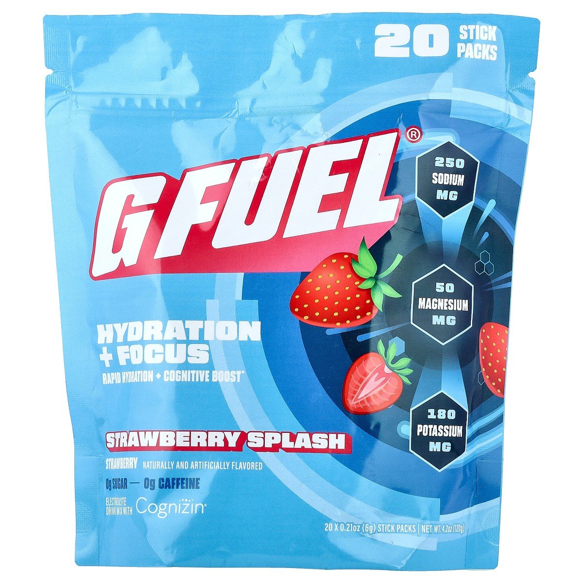 GUEST_7e788770-fee5-4195-92de-07665674e7d6.jpg G FUEL Hydration + Focus, Electrolyte Drink Mix with Cognizin®, Strawberry Splash, 20 Stick Packs, 0.21 oz (6 g) Each - Image 1