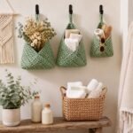 Alilang Woven Cotton Rope Hanging Basket Set Wall Storage Organizer with Hooks - Green, Small - Image 3