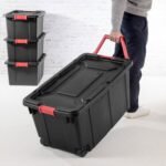 Sterilite 15 Gal Industrial Tote, Stackable Storage Bin with Latching Lid, Plastic Container with Heavy Duty Latches, Black Base and Lid, 18-Pack - Image 3