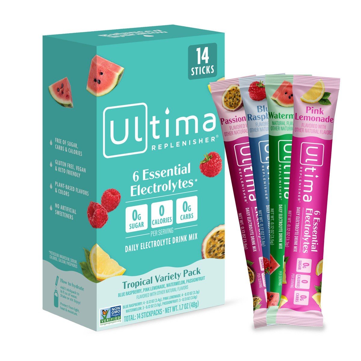 GUEST_87e08afc-a65a-45e9-8315-12cbf5ee4cdb.jpg Ultima Replenisher Daily Hydration Electrolyte Stick Packs - Tropical Variety Pack - 1.7oz/14ct - Image 1